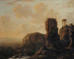 Extensive river landscaoes with capriccio of classical ruins by Carel Fabritius