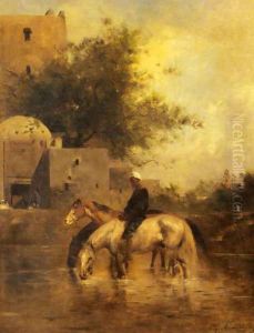 Horses Watering In A River by Eugene Fromentin