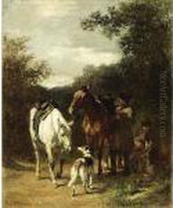 Two Hunters With Their Horses And Dogs In A Wooded Landscape by Carl Suhrlandt