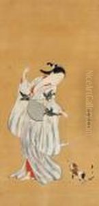 Beauty Teasing A Cat With An Origami Crane by Nishikawa Sukenobu