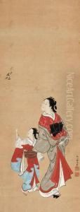 Courtesan And Attendant Looking Up At A Cuckoo by Nishikawa Sukenobu