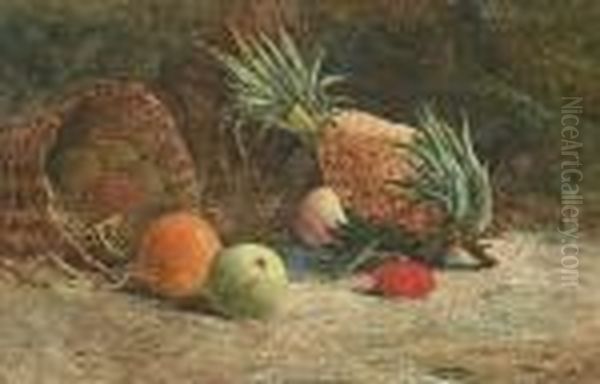 Still Life Of Pineapple, Plum, Apples, Orange And Basket On A Mossy Bank - view 1