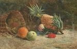 Still Life Of Pineapple, Plum, Apples, Orange And Basket On A Mossy Bank by Arthur Suker