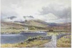 An Extensive River Landscape With Cottage By A River, Probably In North Wales by Arthur Suker
