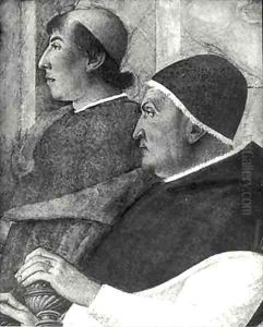 Pope Sixtus IV 1414-84 Francesco della Rovere with a Cardinal behind him Installs Bartolommeo Platina as Director of the Vatican Library