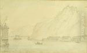 Continental Mountainous Lakeland Scene With Figures In A Boat by Thomas Sunderland