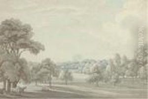 A View Of Goldsbro Grounds, 
Yorkshire, From The House, The Two Chimneys Of Ribstone Seen Over The 
Woods In The Distance