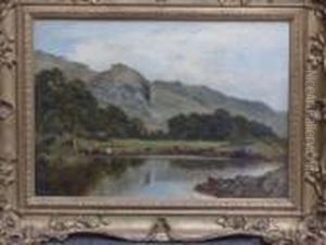 Cattle At A Lakeside With A Rock-strewn Hill Beyond by John Surtees