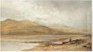 Figures By An Estuary In Wales, Signed, Watercolour, 41 X 72 Cm.; 16 X 28 1/4 In