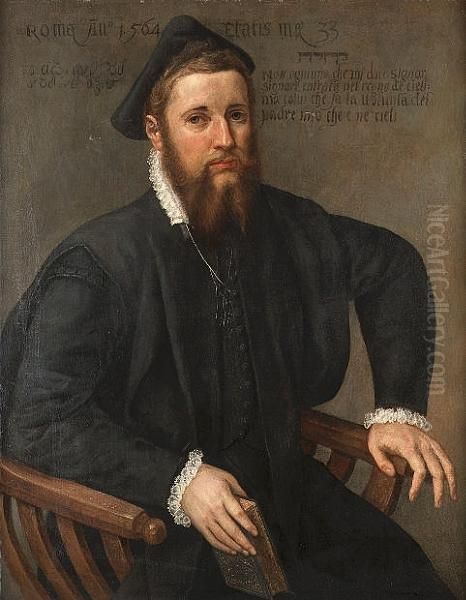 Portrait Of A Bearded Man, 
Seated Three-quarter-length, In Black Costume With A Black Hat And A 
Lace Collar, Holiding A Book - view 1