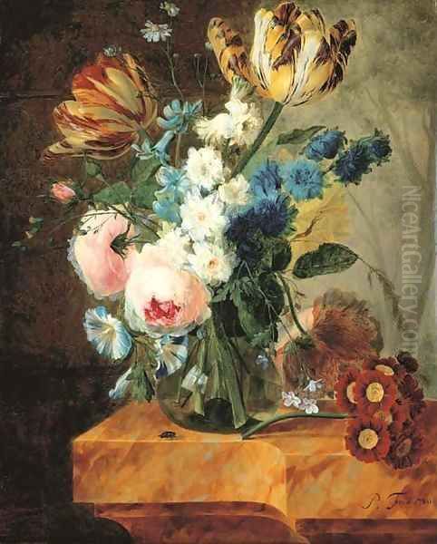 Tulips, roses, morning glory, campanulas and other flowers in a glass vase with primulas on a marble ledge, a wooded landscape beyond - view 1