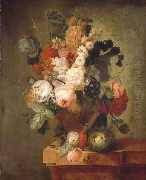 Roses, carnations, a tulip and other flowers in a sculpted urn with a bird's nest on a marble ledge with a beetle and a butterfly - view 1