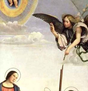 Annunciation and Saints detail of the Archangel Gabriel by Francesco Francia