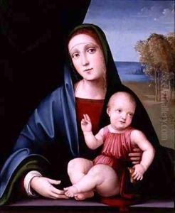 Madonna and Child Sitting on a Parapet with a Goldfinch by Francesco Francia