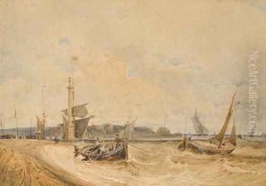 Fishermen in a small boat near the shore, perhaps at Calais, sailing boats in the background