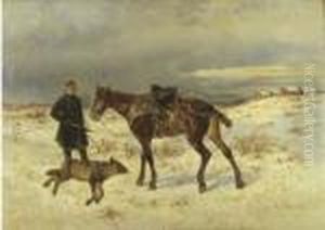 A Mounted Huntsman With A Fallen Wolf