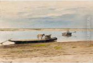 Two Boats By A Riverbank by Sergei Ivanovitch Svetoslavsky