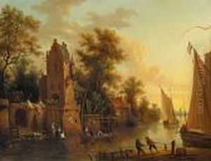 Flusslandschaft Mitbooten Und Architekturstaffage