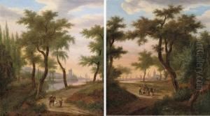 A Wooded River Landscape With Figures On A Track