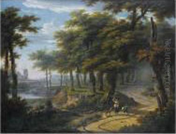 Paysage De Foret Avec Une
Bergere Sur Un Chemin, Un Moulin Et Un Chteau Dans Le Fond, En Bord De
Riviere - view 1