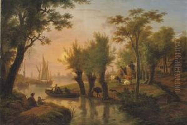A River Landscape At Dusk With Fishermen In Boats And Cows Grazing - view 1