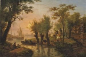 A River Landscape At Dusk With Fishermen In Boats And Cows Grazing