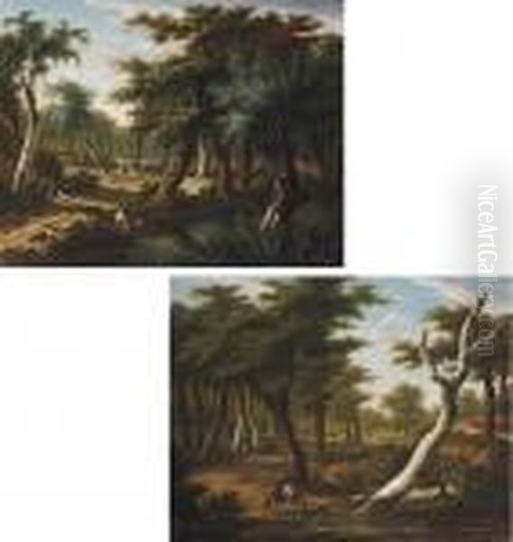 A Forest Landscape With A 
Soldier Resting, A Huntsman Shooting Ducks And A Hunting Party Beyond; 
And A Forest Landscape With A Huntsman Watering His Mount, A Haycart 
Passing Beyond - view 1