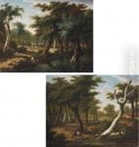 A Forest Landscape With A
Soldier Resting, A Huntsman Shooting Ducks And A Hunting Party Beyond;
And A Forest Landscape With A Huntsman Watering His Mount, A Haycart
Passing Beyond by Frans Swagers