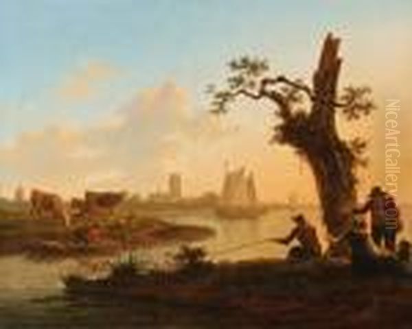 "riverlandscapewith Sailing 
Boats, Right In The Front A Fisherman And Twotravellers. At The Left A 
Small Boat With A Fisherman Catching Eeland A Town At The Horizon - view 1