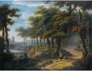 Paysage De Foret Avec Une 
Bergere Sur Un Chemin, Un Moulin Et Unchteau Dans Le Fond, En Bord De 
Riviere