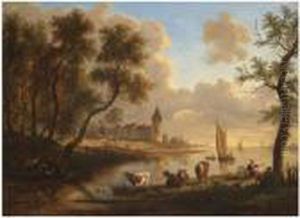 A Dutch River Landscape With Peasants And Cattle Resting By A Stream, A Village Beyond by Frans Swagers