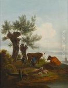 A Herdsman Milking A Cow, Sheep And Another Cow Grazing Nearby by Frans Swagers