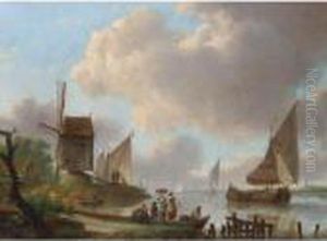 A River Landscape With A Windmill And Barges by Frans Swagers