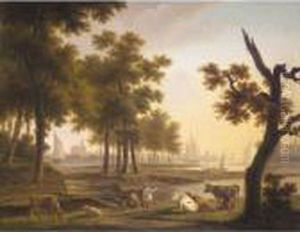 A River Landscape With A 
Dairymaid Milking Cows, Together With Other Figures, A Town Beyond