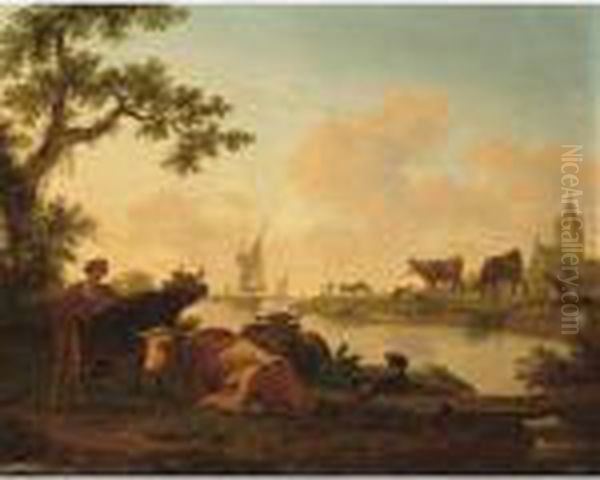 A River Landscape With A
Shepherdess And Her Cattle In The Foreground, A View Of A Village With A
Church In The Background At Sunrise; A River Landscape With Cows And
Goats In The Foreground Together With A Shepherdess And A Boy Fishing, A
View Of - view 1