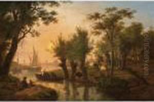 A River Landscape With Fishermen
In A Boat Near A Meadow With Cows At Sunset, Sailing Vessels And A Town
In The Background by Frans Swagers