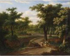 A Wooded Landscape With A 
Shepherdess And A Child On A Donkey On A Path Conversing With A Peasant 
Near A Stream, A Herdsman And His Herd In The Background
