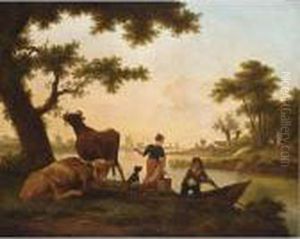 A River Landscape With A Couple 
Conversing Near A Ferry Together With Cows Near A Tree, Figures And 
Cattle On A Path Beyond