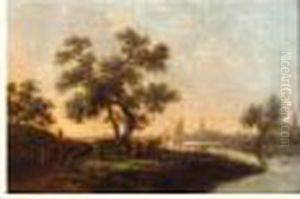 "paysage Fluvial Avec Des Promeneurs Et Des Vaches Dans Un Enclos"