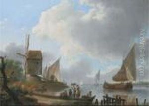 A River Landscape With A Damlooper And Figures On The Shore By Awindmill