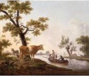 Riverscape With Cows Grazing Along The Shoreline