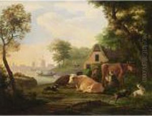 A River Landscape With A Maid 
Milking A Cow, A Shepherd And Their Herd In Front Of A Farm