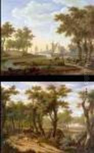 A Shepherd And His Flock Along A
River With Sailing Ships Beyond And A Shepherd And His Flock On A
Wooded Path: A Pair Of Paintings by Frans Swagers