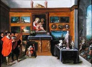 An Interior with a collection of Paintings by Frans the younger Francken