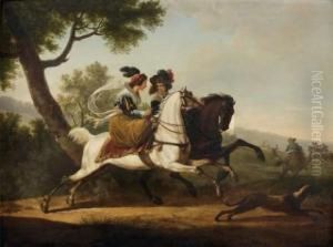 Couple De Cavaliers Sur Fond De Chasse A Courre by Edouard Bernard Swebach