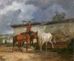 Cavalier Menant Les Chevaux A L'abreuvoir by Edouard Bernard Swebach