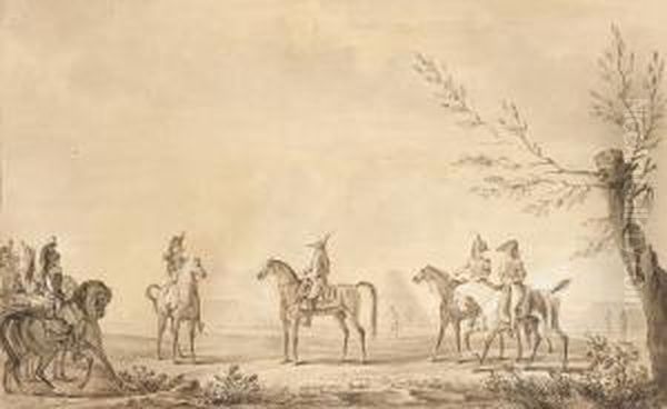 Une Revue D'un General De 
Brigade Et Deux Aides De Camp Du Campement D'un Regiment De Cuirassiers 
En Grande Tenue ; Les Chevaux Du Regiment Au Repos. - view 1
