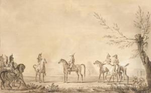 Une Revue D'un General De
Brigade Et Deux Aides De Camp Du Campement D'un Regiment De Cuirassiers
En Grande Tenue ; Les Chevaux Du Regiment Au Repos. by Edouard Bernard Swebach