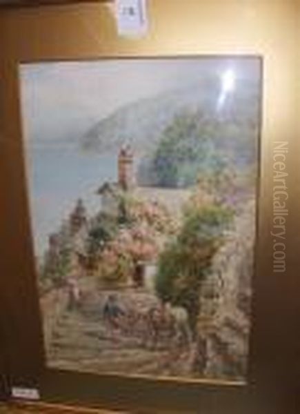Figure With Donkey On A Steep Cornish Village Street - view 1