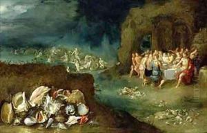 Still life of shells with the Feast of the Gods by Frans the younger Francken